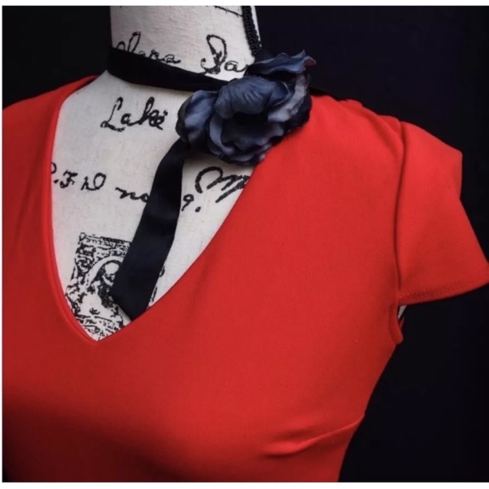 B Darlin Red Fit & Flare Bow Back Mini Dress | Cherry Girl Valentine NYE Size 9 - Picture 10 of 13